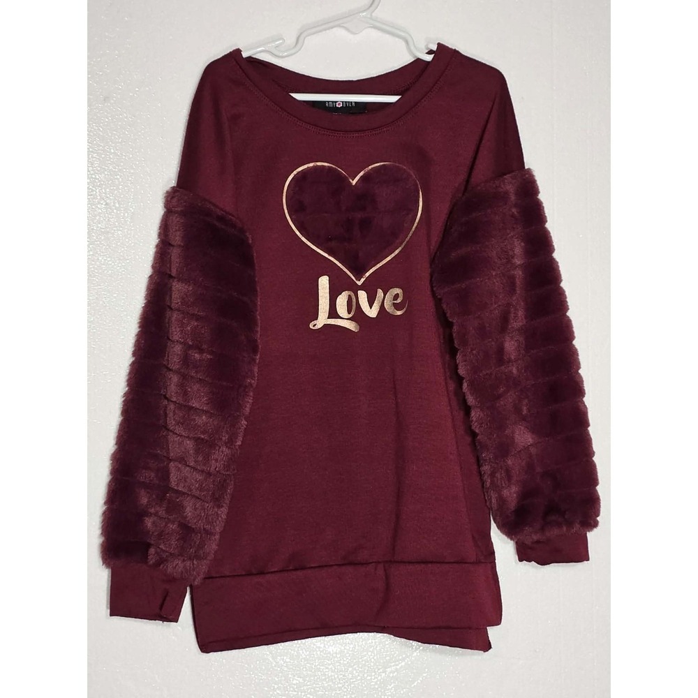 Amy Byer Girls Sweatshirt Size M 10-12 Burgundy Love Faux Fur EUC